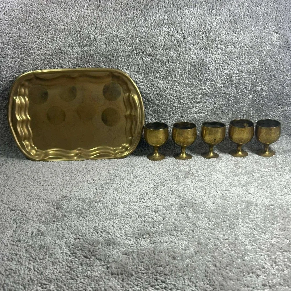 Vintage Brass Cordial Set Gold Mini Footed Cups with Scalloped Tray